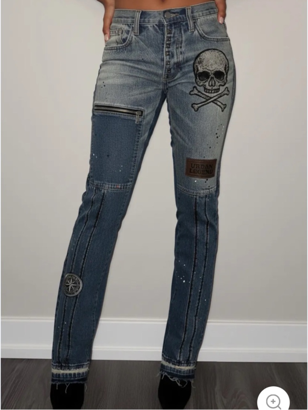 NWT Fashion Street Patchwork Skull biker Printed Denim  Straight leg Jeans punk